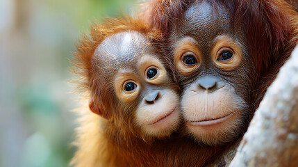 Obraz premium Orangutan infant clinging closely to its mother in soft rainforest light, revealing a powerful bond and emotional depth in wildlife conservation stories.