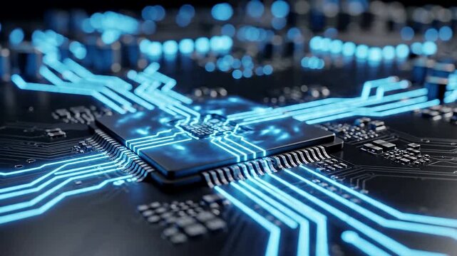 Detailed close up view of a futuristic computer processing chip illuminating with bright glowing blue neon energy lines on a dark complex printed circuit board in a digital concept.