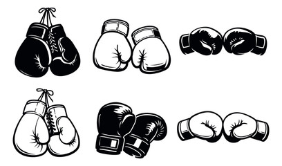 Hand drawn line art boxing gloves set featuring various black and white pairs for sports and martial arts designs