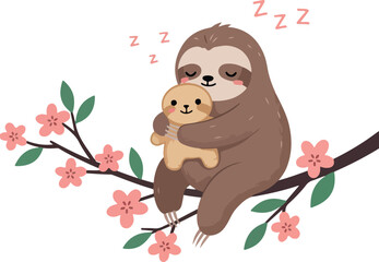 Naklejka premium Cute Sloth Hugging Puppy on Cherry Blossom Branch Peaceful Sleep