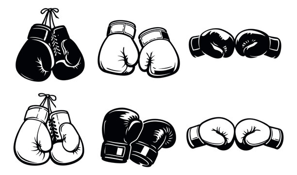 Hand drawn line art boxing gloves set featuring various black and white pairs for sports and martial arts designs