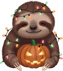 Naklejka premium Cute Sloth Wrapped in Colorful Halloween Lights with Jack O Lantern Vector