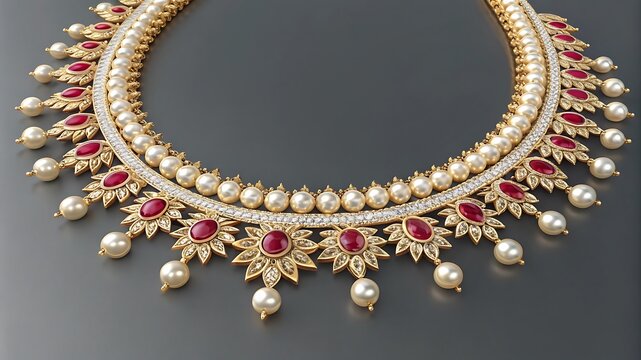 Exquisite pearl and ruby necklace with intricate gold detailing