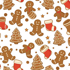 Fototapeta premium Gingerbread Man Christmas Tree Stocking Pattern Vector Holiday Icons