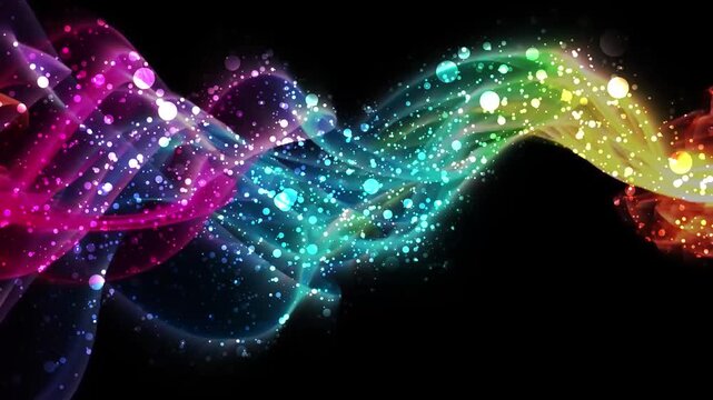 A mesmerizing digital artwork featuring swirling rainbow colors with sparkling white dots on a sleek black background, creating a dynamic and eye-catching visual effect with shades of pink, blue, gree
