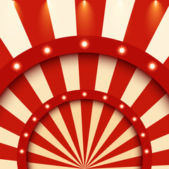 Retro circus radial striped background with illuminated stage arches, empty space. Vintage design for poster template, magic show, theatre, attractions, sale. Vector illustration red beige colors © Dukhanina Ekaterina