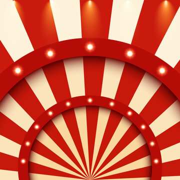 Retro circus radial striped background with illuminated stage arches, empty space. Vintage design for poster template, magic show, theatre, attractions, sale. Vector illustration red beige colors