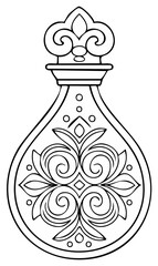 Ornate Antique Perfume Bottle with Decorative Swirl Pattern Line Art