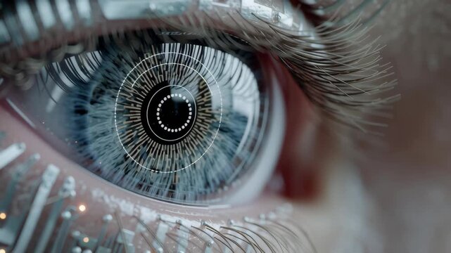 Future war concept. Cybernetic eye artificial intelligence biometric scan circuit board digital interface futuristic technology surveillance, human vision microchip for control, future war anxiety