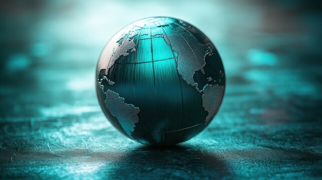 A gleaming metallic globe with intricate continental details reflects light and shadow against a textured teal background representing global concepts