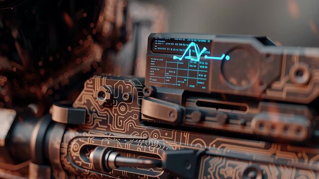 Future war concept. Future war soldier aiming weapon rifle, cyberpunk combat armor helmet, tactical closeup firearm glowing circuit pattern, holographic sight, smoke sparks, technology driven