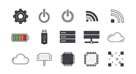 Technology icons including power buttons, wifi, battery, USB, cloud, server, and CPU for digital concepts
