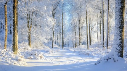 A serene pathway through a snow covered forest on a bright winter day with sunlight filtering through the trees