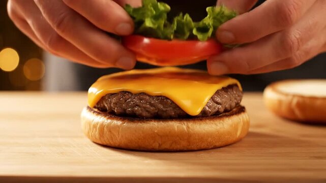 Cheeseburger preparation with melting cheese, and cooking.