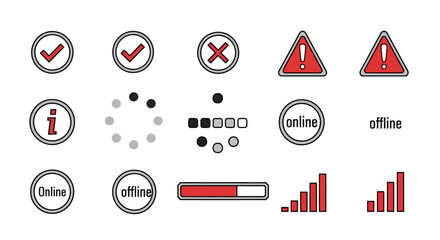Collection of UI icons representing status, loading, errors, and connection quality, including checkmarks, crosses, information, and signal bars