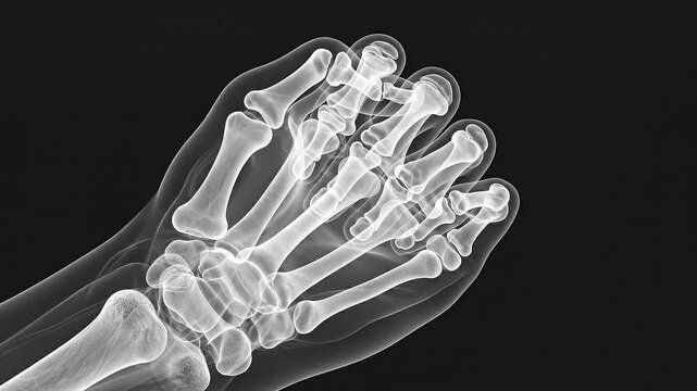 X-ray of human hand bones fingers slowly curling inward as the hand closes into a fist