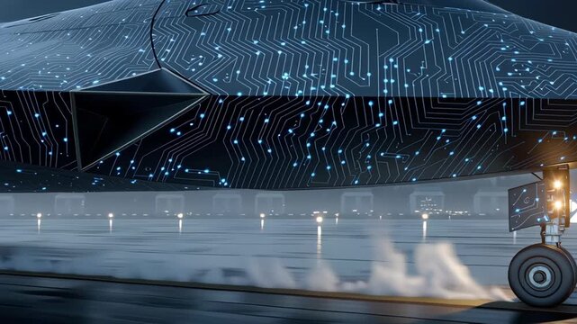 Future war concept. Futuristic stealth aircraft drone on runway circuit, night rain technology with digital camouflage, storm light reflections, landing gear, future war readiness defense aviation