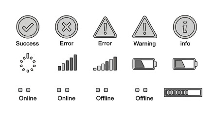 Comprehensive collection of essential digital status and feedback indicators for modern user interfaces, illustrating various system notifications, progress updates, and critical alerts