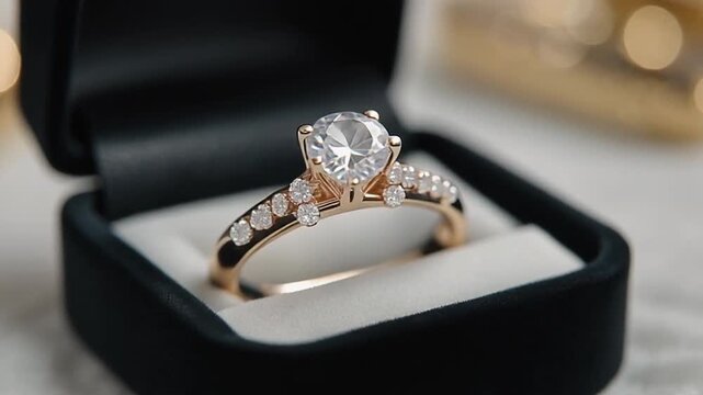 A diamond solitaire engagement ring with small diamonds on the band, in a black box on a white surface with bokeh lights