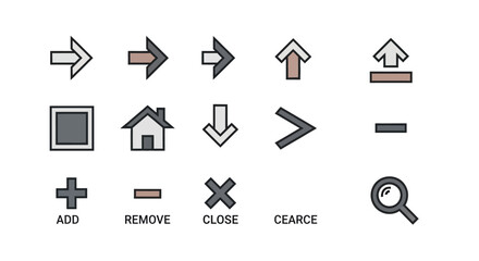 Collection of various symbols and icons representing actions like add, remove, close, search, and navigation elements