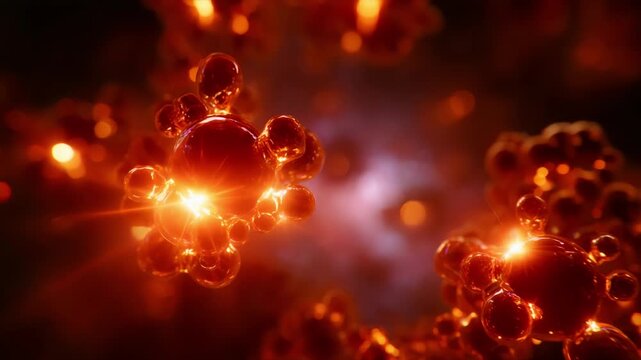 Intricate Exploration of Illuminated Molecules in a Vibrant Spectrum of Orange and Red, Showcasing Their Complex Structures and Dynamic Interactions in Motion