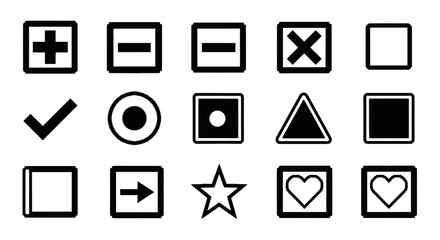 A collection of simple, flat design icons representing basic symbols and geometric shapes, ideal for user interface elements