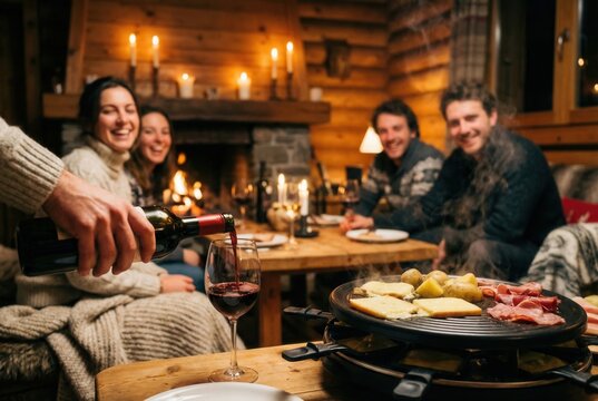 Friends enjoying raclette dinner and wine in rustic log cabin