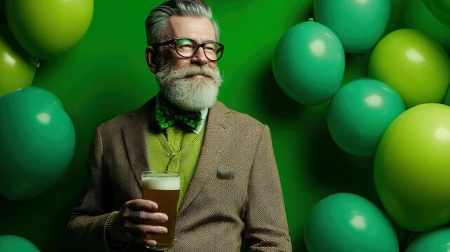 St. Patrick's Day, Elderly Caucasian man with gray hair and beard wearing a brown suit holds a beer glass, surrounded by green balloons in a vibrant indoor setting