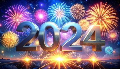 Colorful fireworks burst behind bold chrome "2024" numerals
