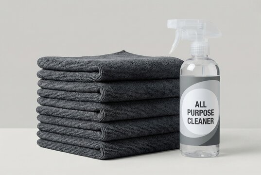 Stack of microfiber towels and all purpose cleaner spray