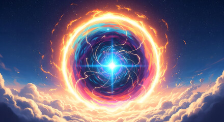 Obraz premium Cosmic portal with swirling energy and light at the center, framed by clouds