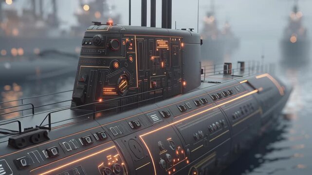 Future war concept. Future war submarine naval stealth technology patrol in ocean harbor at dawn, glowing panel and circuit lit dark hull cutting through mist and fog, covert defense tension