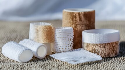 Naklejka premium An assortment of basic medical bandages and sterile dressings are neatly arranged on a textured surface