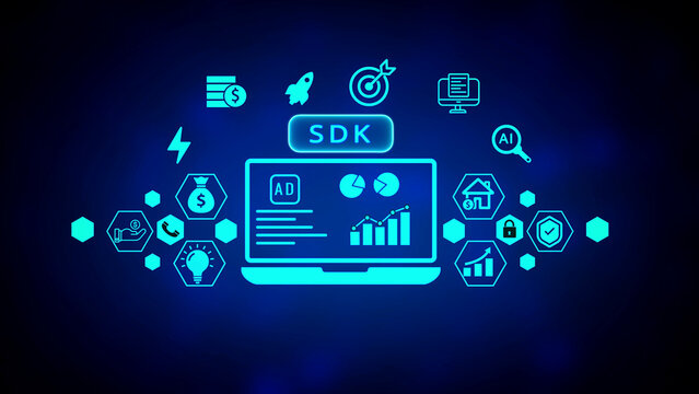 Digital marketing strategy development with software development kit concept featuring laptop analytics and business growth symbols on a dark blue background