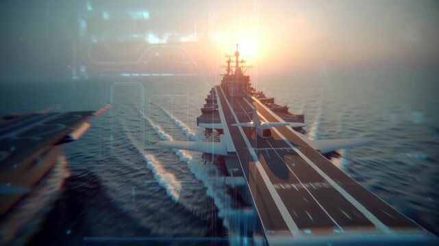 Future war concept. Aircraft carrier naval fleet warship patrol on ocean at sunset, digital interface overlay, technology defense signals, wake trails across sea, future war readiness under horizon
