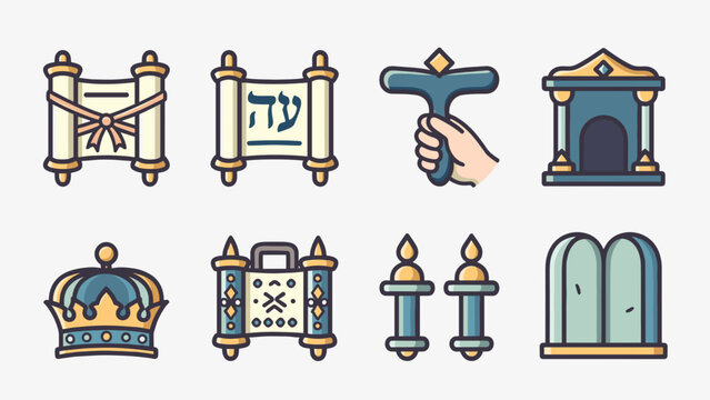 Lineal Color Jewish Icon Vector Set Featuring Torah Scroll with Hebrew Text and Synagogue Ritual Items for Religious School and Holiday Projects