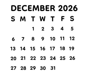 Obraz premium Minimal December 2026 calendar typography featuring elegant black letters on a transparent background. Ideal for planners, schedules, digital templates, branding visuals, and modern design projects.