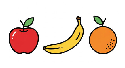 Red Apple Yellow Banana and Orange Fruit Illustration.