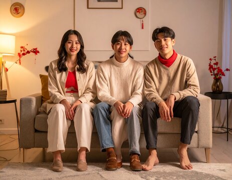Three smiling young Asian friends or family members gather together at home, celebrating a festive occasion with warmth and joy, looking forward to a bright future