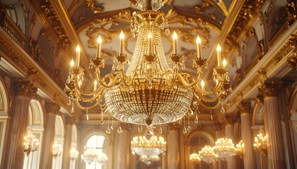 Obraz premium Opulent ballroom with a large, ornate crystal chandelier centerpiece