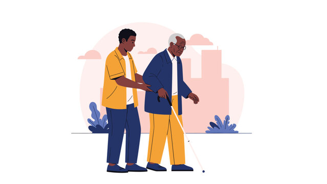 Kind young man assists an elderly blind man with a white cane to walk safely through a city street environment.