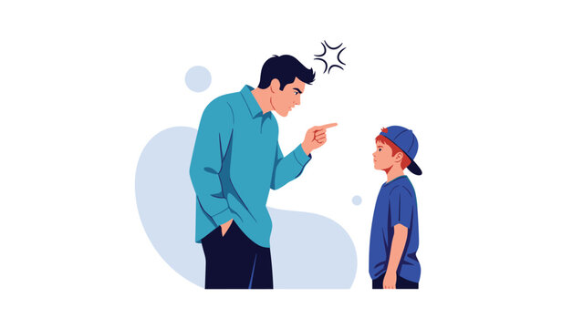 Angry father scolds his young son and points his finger during a difficult parenting moment or disciplinary conversation at home.