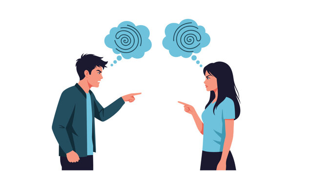 Angry man and woman pointing fingers at each other while arguing with confusing swirls in thought bubbles on a white background.