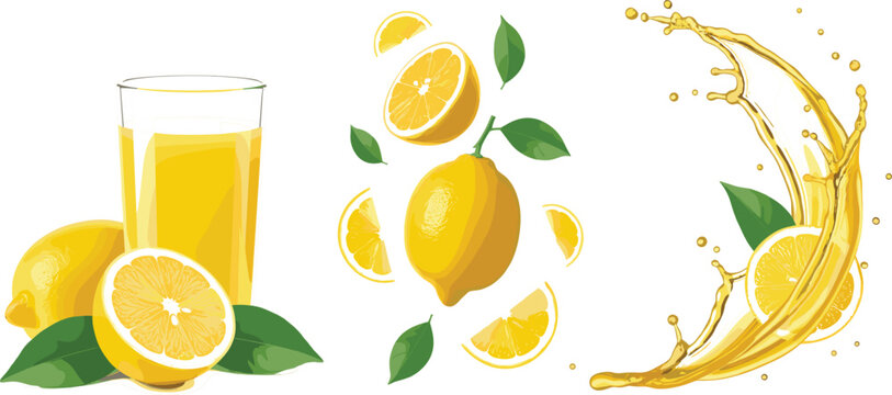 Set of fresh lemon juice in glass with whole and sliced lemons and dynamic yellow citrus liquid splash on grey background