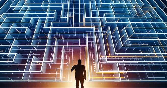 A person standing in front of a glowing maze structure, contemplating the complex pathways ahead