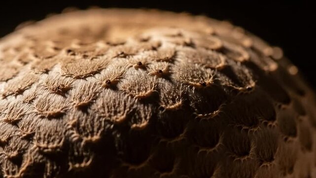 Close-up of textured mushroom cap in dramatic lighting
