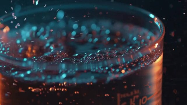 Close-up shot of a bubbling liquid in a glass beaker with blue and orange lighting.