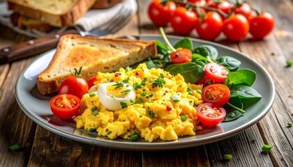 Delicious Scrambled Eggs with Toast and Cherry Tomatoes for Breakfast.