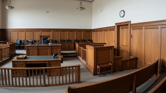 Empty courtroom with wooden benches and judge's desk