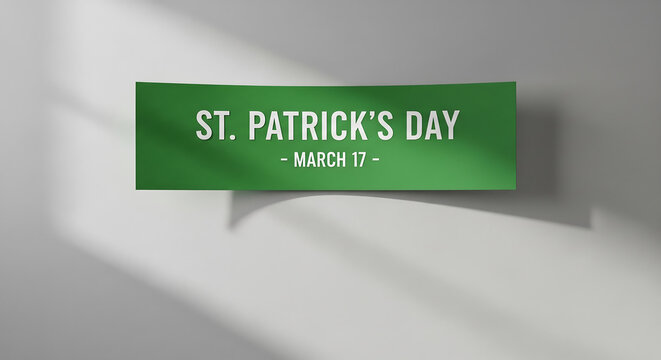 St. Patrick's Day holiday greeting banner on a minimalist wall with natural light shadows, perfect for holiday promotions